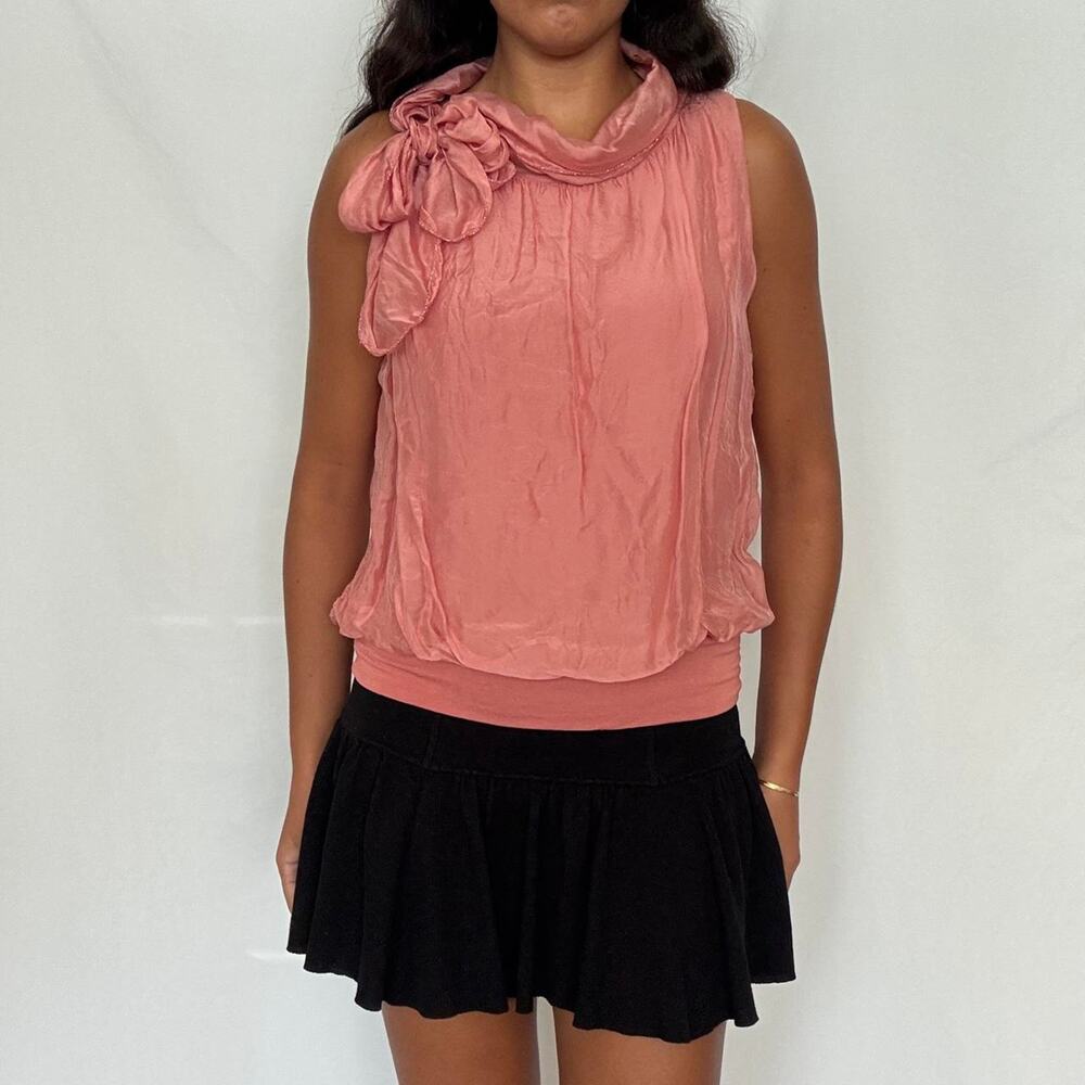 Silk Pink Blouse Made In Italy Flowy Bow Metallic Sleeveless
